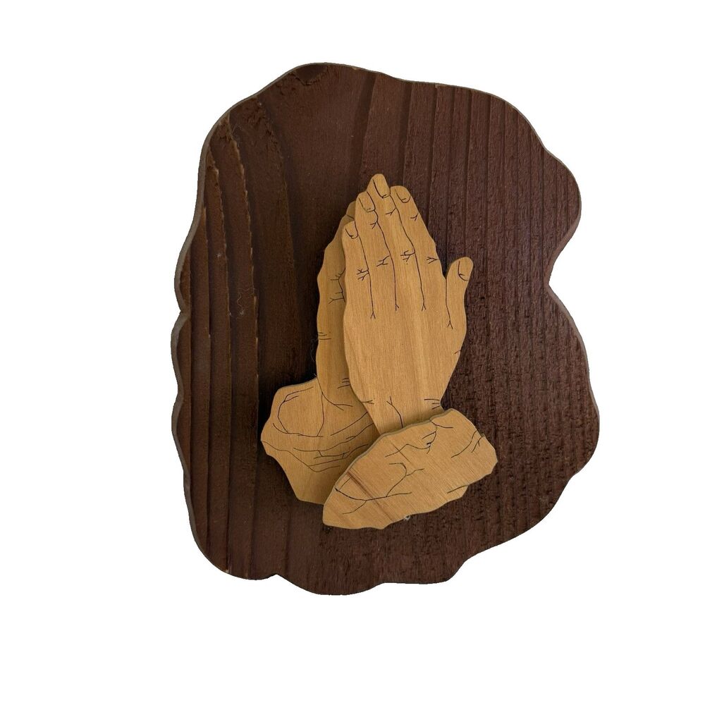 Praying Hands Wood Carved Plaque Religious Wall Decor MCM Retro Faith